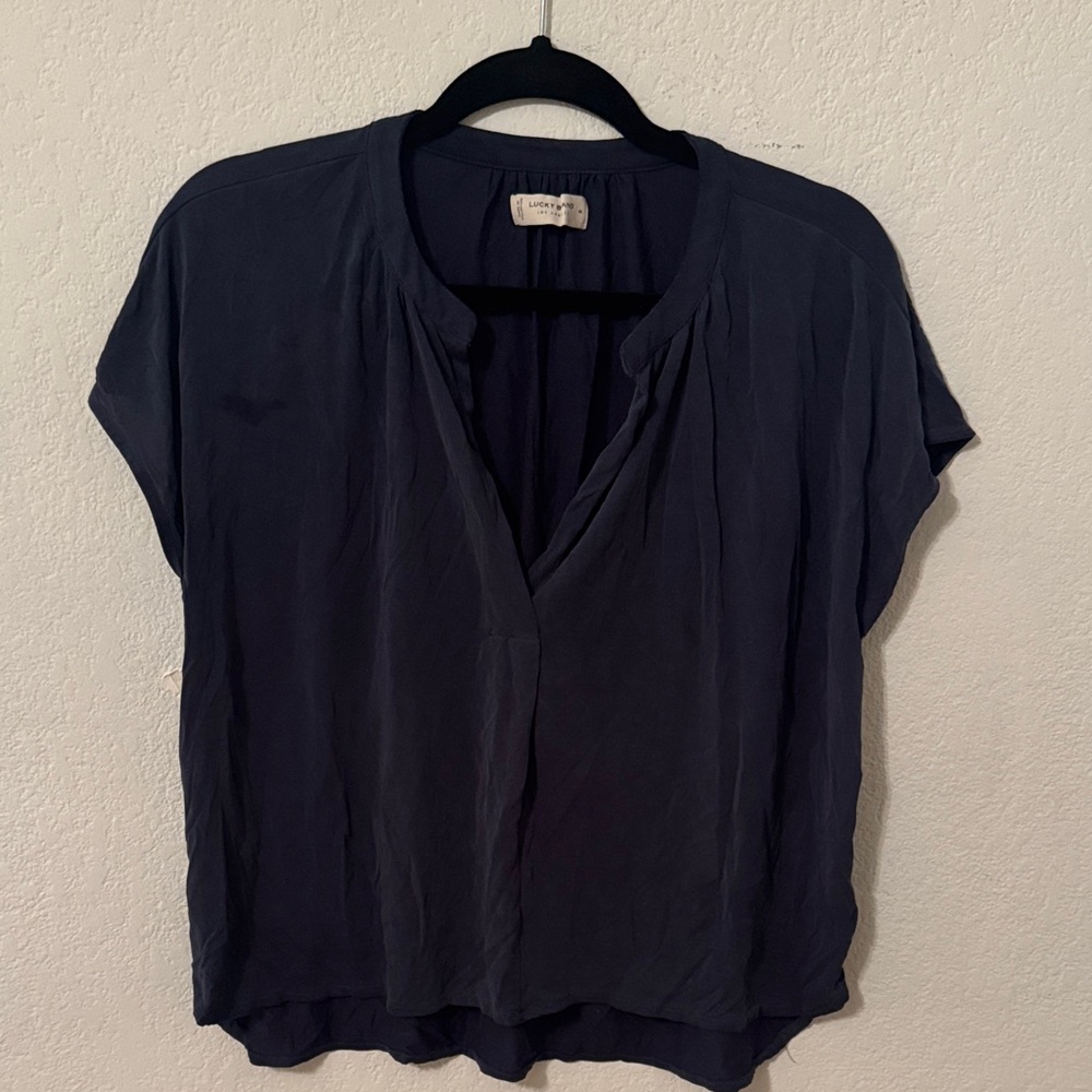 Lucky Brand Navy Short Sleeve Split V Blouse
